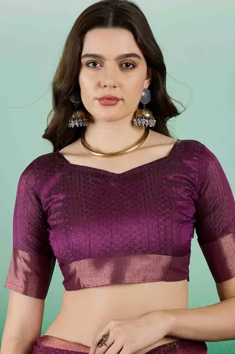 wine zari woven banarasi organza saree with unstitched blouse piece