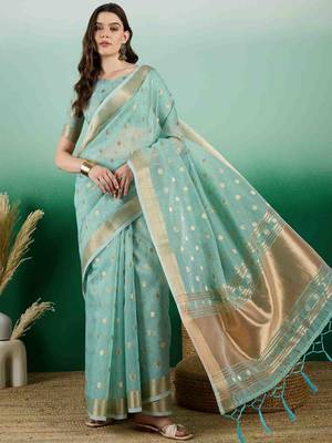 blue jacquard design banarasi organza saree with unstitched blouse piece 1