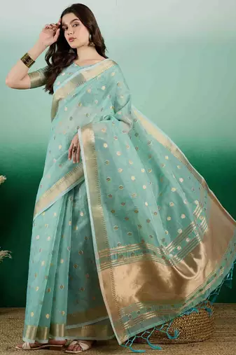blue jacquard design banarasi organza saree with unstitched blouse piece