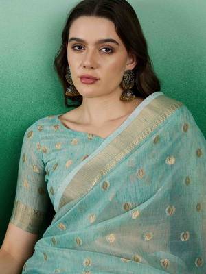 blue jacquard design banarasi organza saree with unstitched blouse piece 3