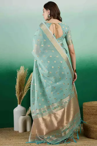 blue jacquard design banarasi organza saree with unstitched blouse piece