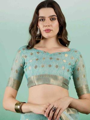 blue jacquard design banarasi organza saree with unstitched blouse piece 5