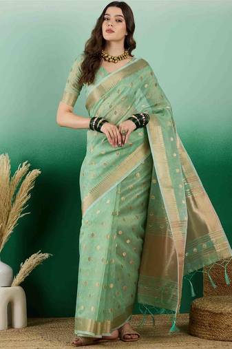 green jacquard design banarasi organza saree with unstitched blouse piece