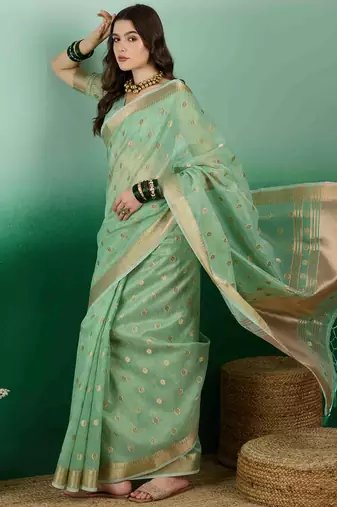 green jacquard design banarasi organza saree with unstitched blouse piece