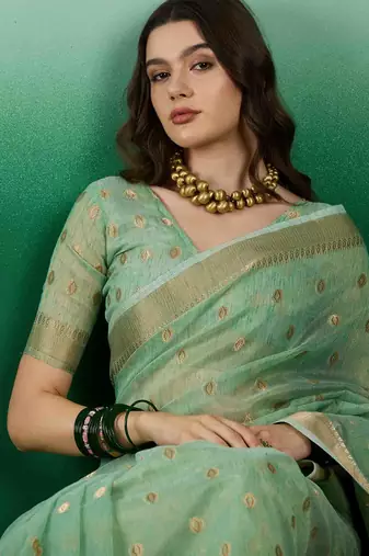 green jacquard design banarasi organza saree with unstitched blouse piece