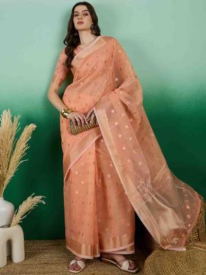 orange jacquard design banarasi organza saree with unstitched blouse piece 1