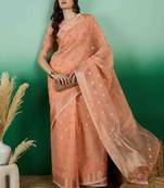 orange jacquard design banarasi organza saree with unstitched blouse piece
