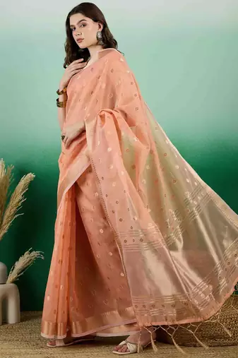 orange jacquard design banarasi organza saree with unstitched blouse piece
