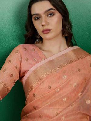 orange jacquard design banarasi organza saree with unstitched blouse piece 3