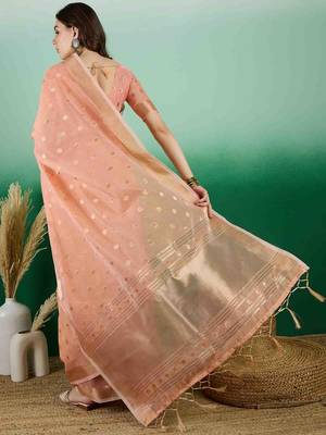 orange jacquard design banarasi organza saree with unstitched blouse piece 4