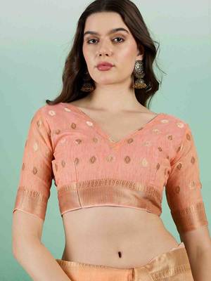 orange jacquard design banarasi organza saree with unstitched blouse piece 5