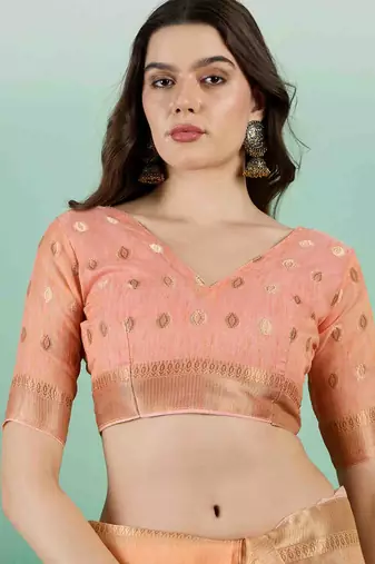 orange jacquard design banarasi organza saree with unstitched blouse piece