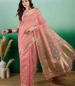 peach jacquard design banarasi organza saree with unstitched blouse piece