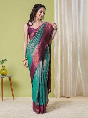 Aqua faux banarasi silk blend saree with jacquard work 1