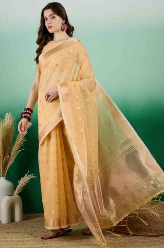 yellow jacquard design banarasi organza saree with unstitched blouse piece