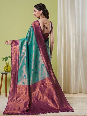 Aqua faux banarasi silk blend saree with jacquard work 2