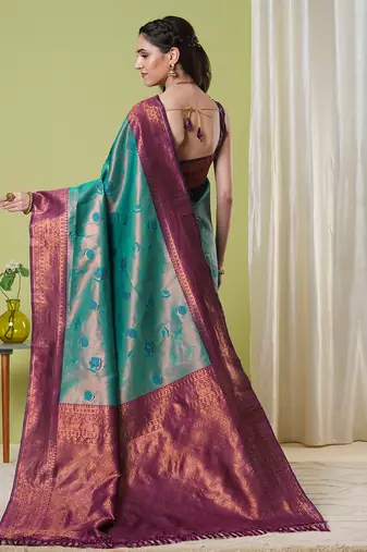Aqua faux banarasi silk blend saree with jacquard work