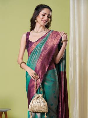 Aqua faux banarasi silk blend saree with jacquard work 3