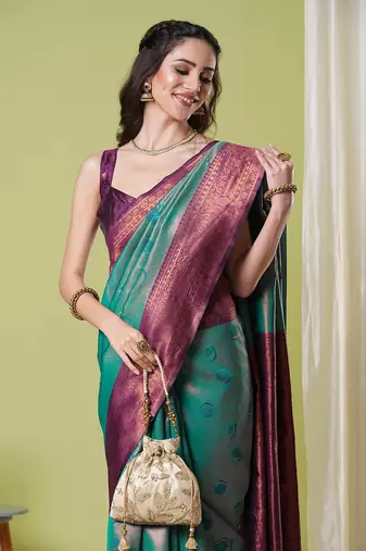 Aqua faux banarasi silk blend saree with jacquard work