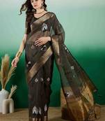 blue embroidered banarasi organza saree with unstitched blouse piece