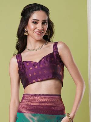Aqua faux banarasi silk blend saree with jacquard work 4