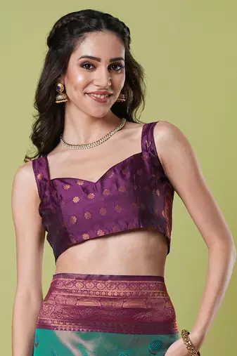 Aqua faux banarasi silk blend saree with jacquard work