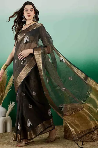 blue embroidered banarasi organza saree with unstitched blouse piece
