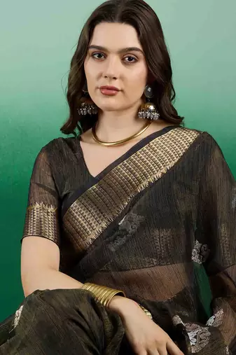 blue embroidered banarasi organza saree with unstitched blouse piece