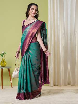 Aqua faux banarasi silk blend saree with jacquard work 5