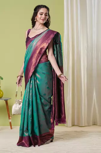 Aqua faux banarasi silk blend saree with jacquard work