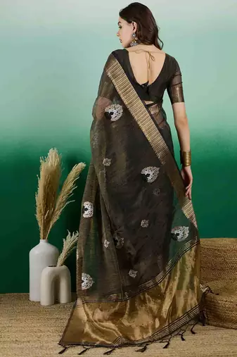 blue embroidered banarasi organza saree with unstitched blouse piece