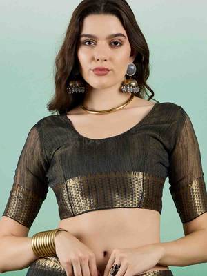 blue embroidered banarasi organza saree with unstitched blouse piece 5