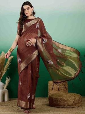 brown embroidered banarasi organza saree with unstitched blouse piece 1