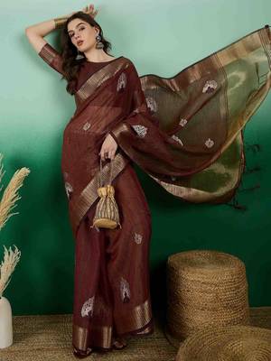 brown embroidered banarasi organza saree with unstitched blouse piece 2