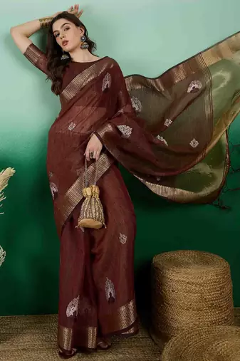 brown embroidered banarasi organza saree with unstitched blouse piece
