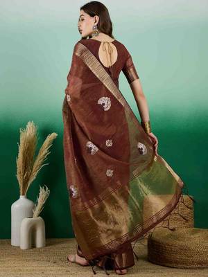 brown embroidered banarasi organza saree with unstitched blouse piece 4