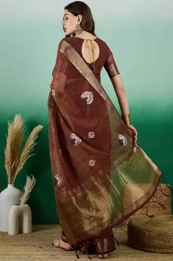 brown embroidered banarasi organza saree with unstitched blouse piece