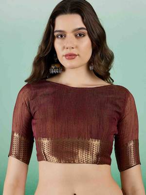 brown embroidered banarasi organza saree with unstitched blouse piece 5