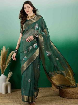 green embroidered banarasi organza saree with unstitched blouse piece 1