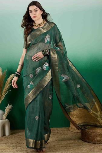 green embroidered banarasi organza saree with unstitched blouse piece