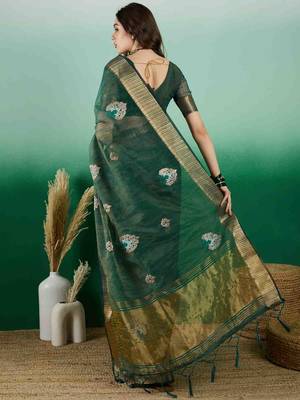 green embroidered banarasi organza saree with unstitched blouse piece 4