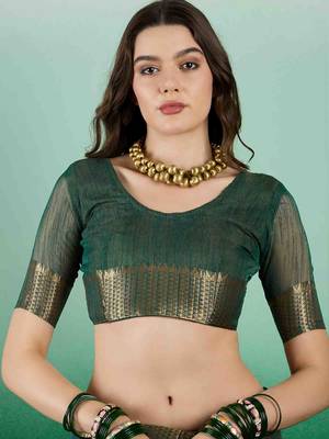 green embroidered banarasi organza saree with unstitched blouse piece 5