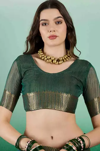 green embroidered banarasi organza saree with unstitched blouse piece