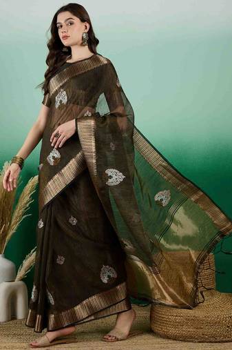 mehndi embroidered banarasi organza saree with unstitched blouse piece