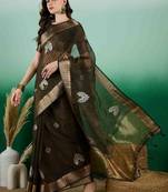 mehndi embroidered banarasi organza saree with unstitched blouse piece