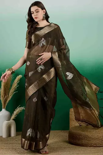 mehndi embroidered banarasi organza saree with unstitched blouse piece