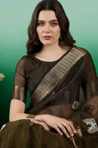 mehndi embroidered banarasi organza saree with unstitched blouse piece
