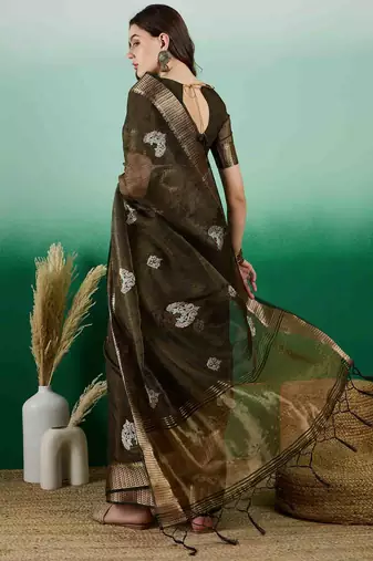 mehndi embroidered banarasi organza saree with unstitched blouse piece