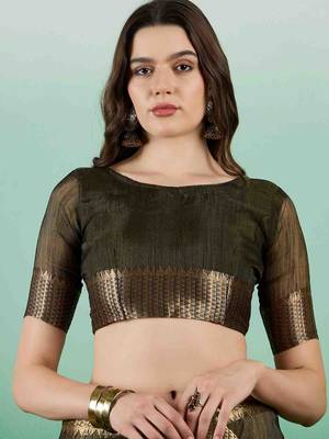 mehndi embroidered banarasi organza saree with unstitched blouse piece 5
