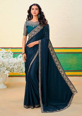 Peacock blue embroidered heavy partywear saree 1